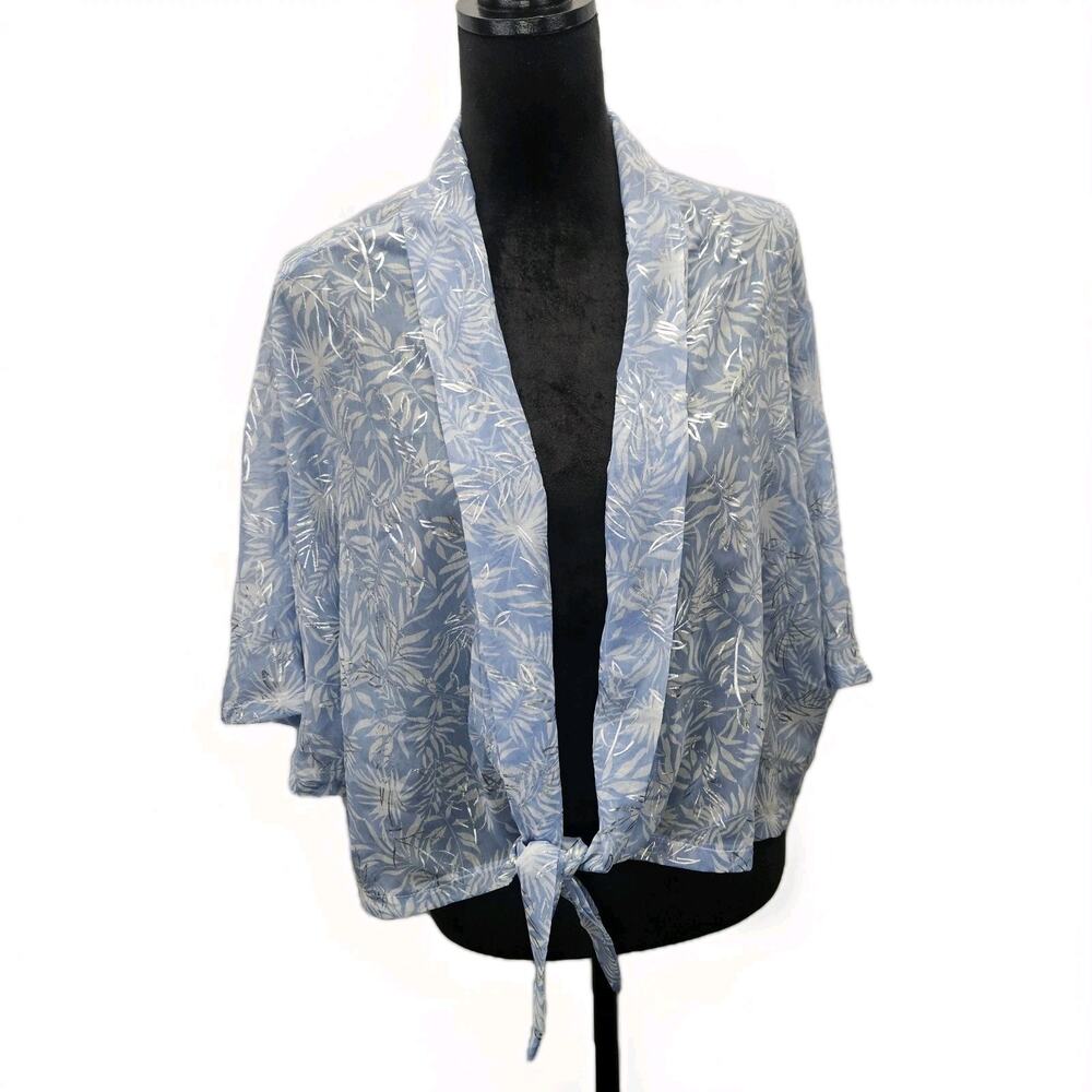 Vince Camuto Kimono Top Tropical Print Sheer Kimono Jacket Tie Waist Blue NWT OS